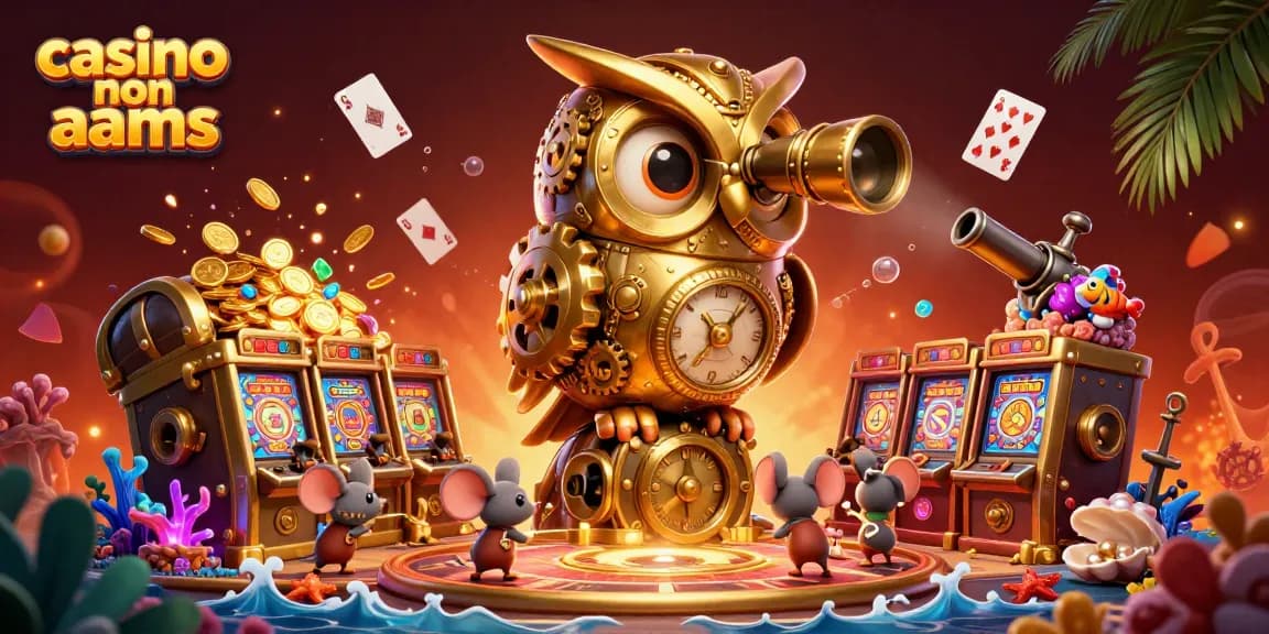 Gioca nei casino non AAMS con un gufo meccanico su uno sfondo di oro e gemme in un'illustrazione vibrante.