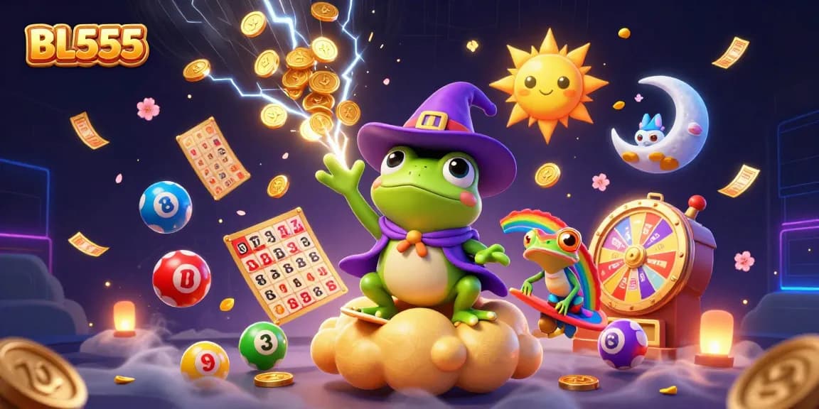 Winning at BL555 brings joy with a dynamic scene of a weather wizard frog and rainbow chameleon celebrating.