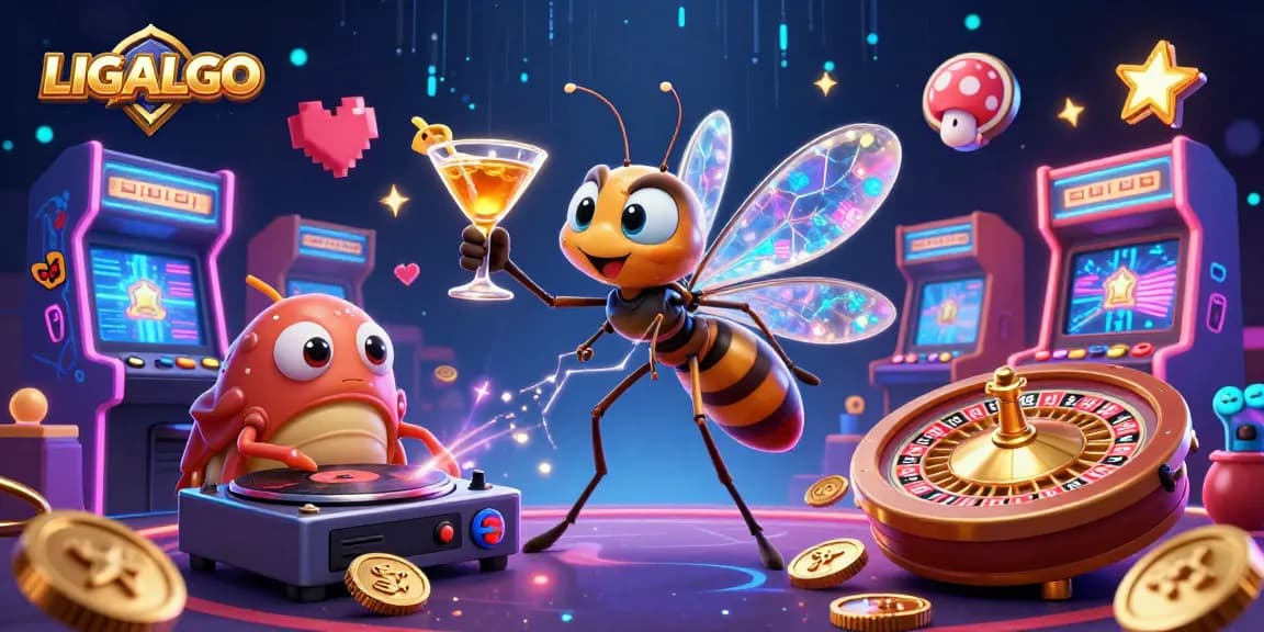 LIGALGO captures a vibrant casino scene with a frozen mosquito mascot and a trilobite DJ, perfect for engaging gamblers.