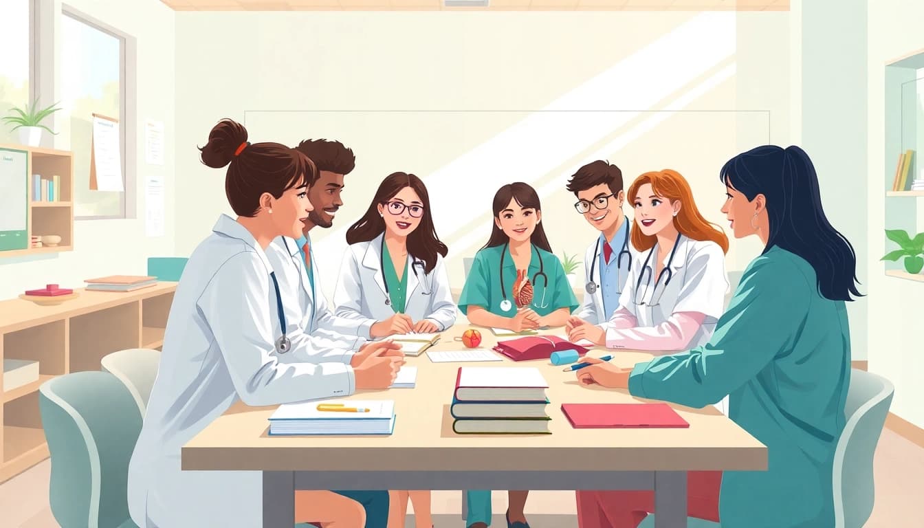 Students collaborating in a high school medical club, discussing medical topics and using anatomical models.