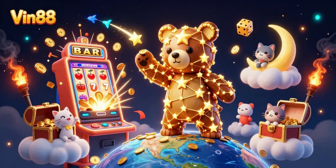 Experience Vin88’s thrilling atmosphere with a dynamic slot machine bursting with winnings.