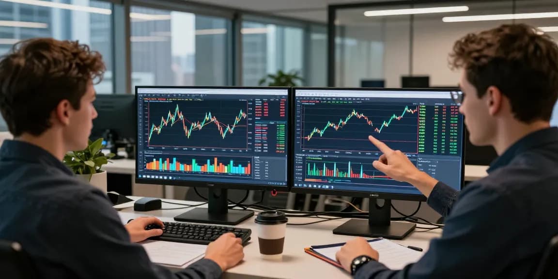 Traders using MetaTrader 5 in a modern office environment analyzing market trends.