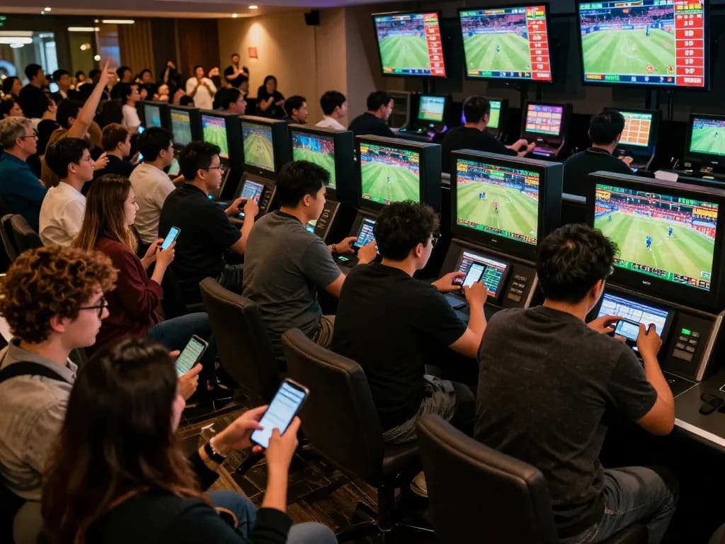 Experience thrilling action at MM88 with bettors actively placing live sports bets in a vibrant betting lounge