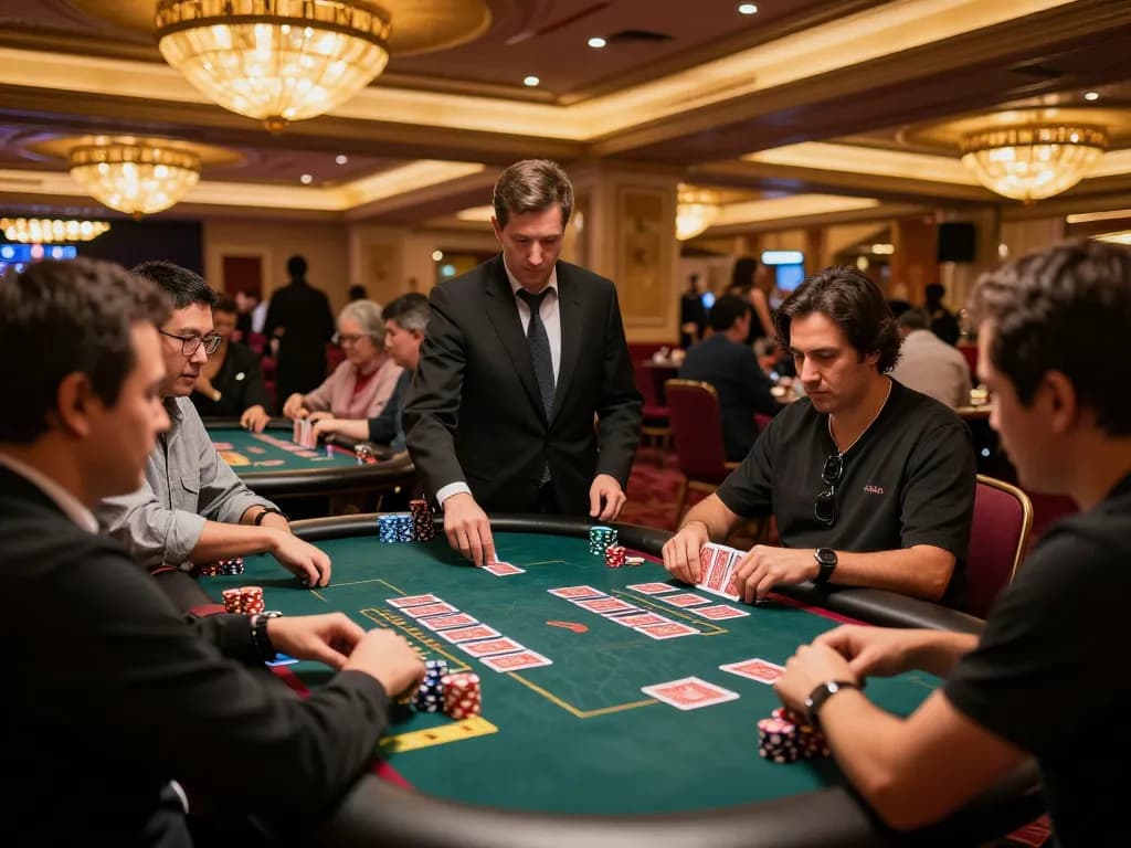 Players engaging at 789club casino table, focused on strategic gameplay with chips and cards