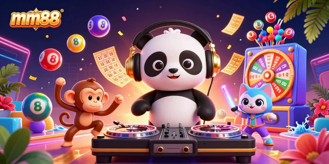 Join the mm88 casino fun with a vibrant illustration of DJ panda and friends celebrating gambling action.