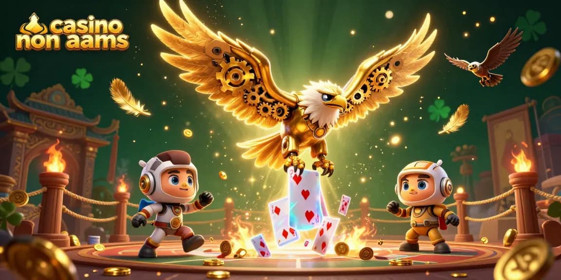 Gioca nei casino non AAMS attraverso un'aquila dorata meccanica circondata da carte e gettoni.
