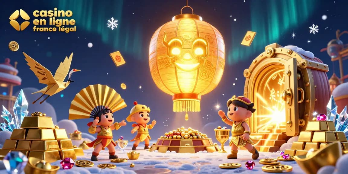 Jouez sur un casino en ligne France légal avec des personnages de lanternes dorées et des trésors brillants.