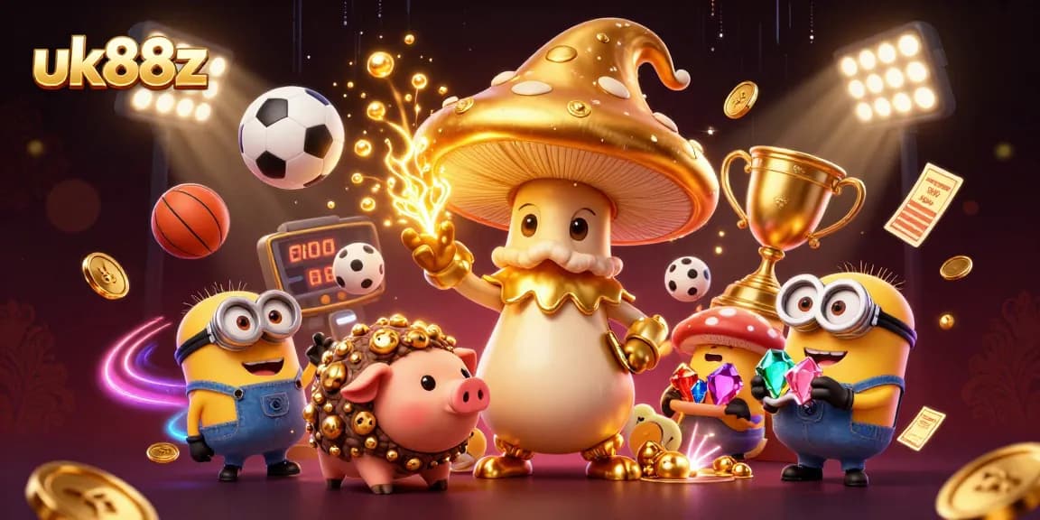 Encapsulating the magic of uk88z, this vibrant 3D illustration immerses players in a whimsical sports-themed casino realm.