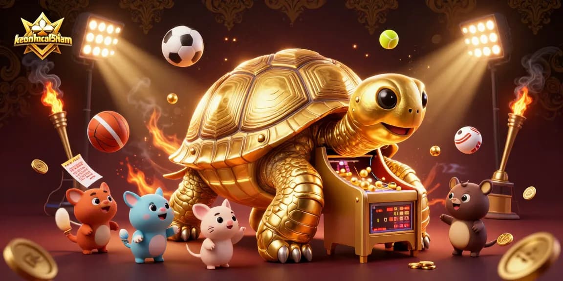 Engage with keonhacai5nam at this vibrant casino scene filled with exciting sports elements and a colossal tortoise.