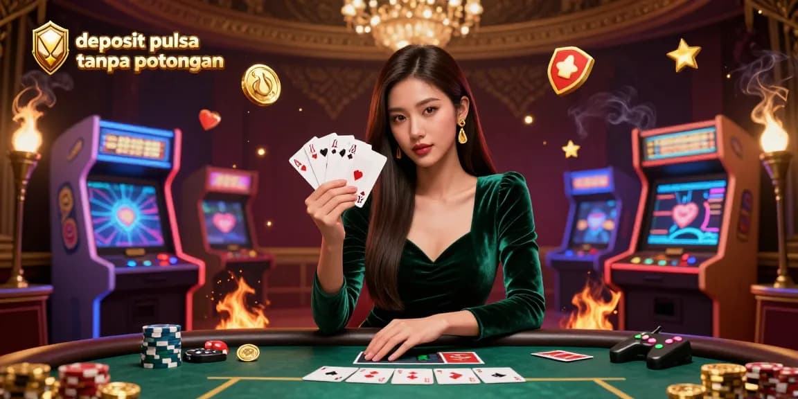 Experience winning strategies with deposit pulsa tanpa potongan in this vibrant casino scene featuring poker and arcade elements.