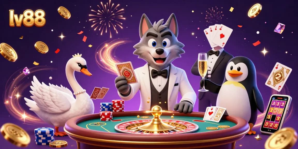 Engaging scene of lv88's online casino with a debonair wolf, elegant swan, and penguin, celebrating wins.