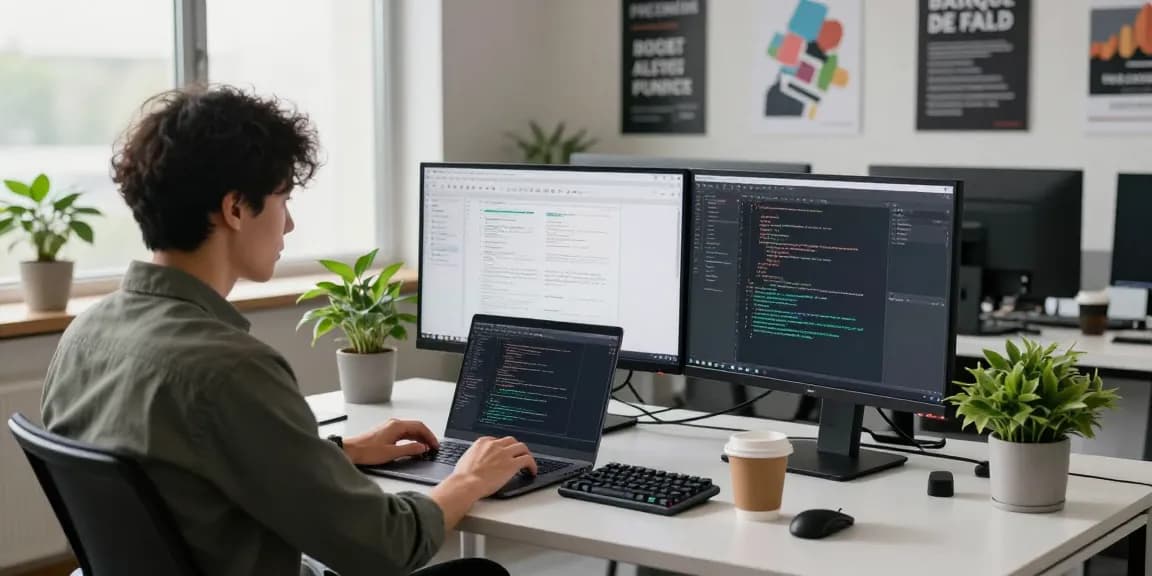Innovative workspace showing coding environment at telegramin-cn.com, featuring developer at a modern tech desk.