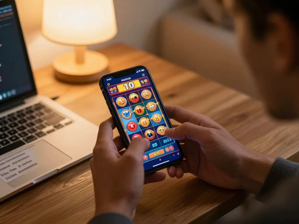 Engaged player enjoying Rajampo situs on a smartphone, showcasing a vibrant slot game interface in a cozy home setting.