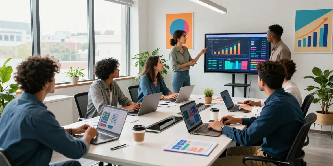 Digital Marketing Agency team collaboration in a modern office with analytics display
