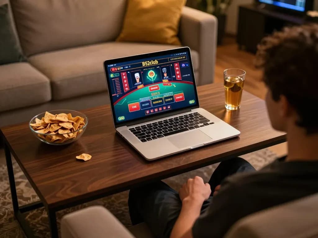 B52club gaming session with laptop interface showcasing exciting casino games in a cozy home atmosphere.