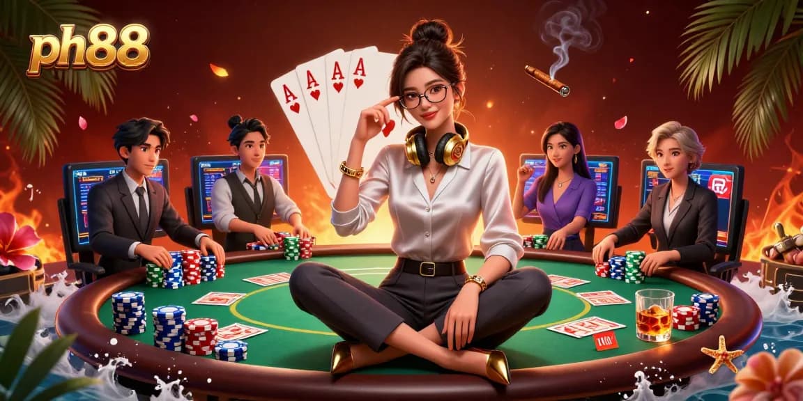 Experience the vibrant gaming atmosphere at ph88 with a stylish Asian woman mastering the poker table.