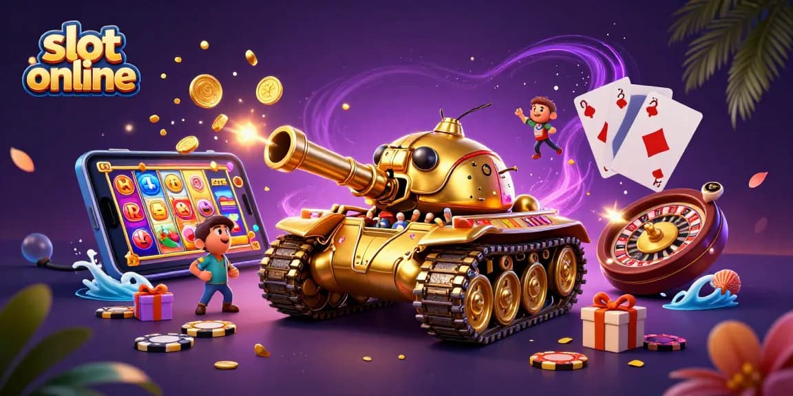 Bermain slot online dengan tank kumbang emas besar yang menampakkan kasino mini di dalamnya, penuh dengan kegiatan meriah.