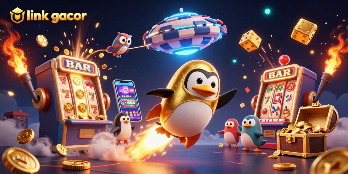 Spin with link gacor on this vibrant casino journey featuring a golden penguin and jackpot explosion.