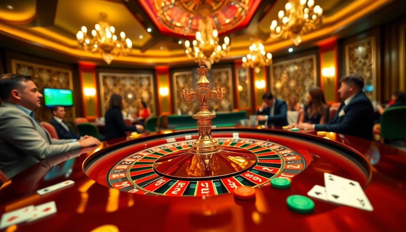 Engaging scene of Non Uk Casino roulette gameplay with vibrant players and luxurious decor.