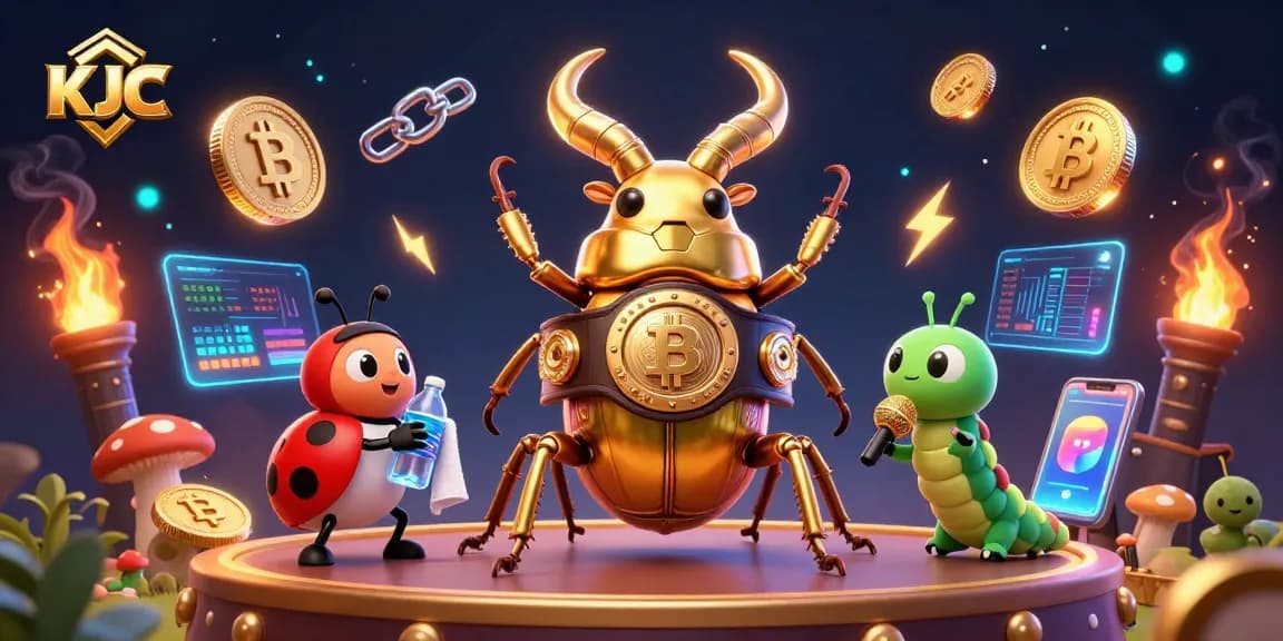 Experience KJC's dynamic casino action with glowing characters and crypto elements.