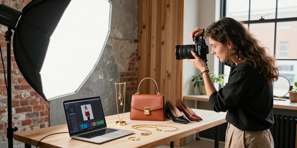 Photographe de produits à Milan, mettant en valeur des accessoires de mode dans un studio moderne.