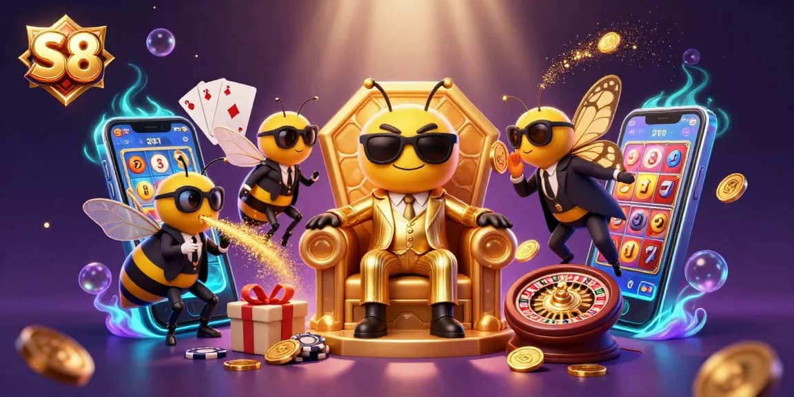 S8 players explore lively slots and gaming experiences in a vibrant 3D illustration.