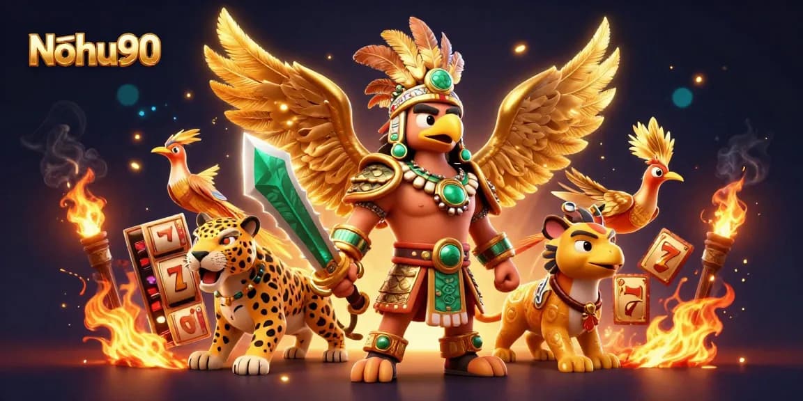 Nohu90 engages players with vibrant 3D slot action featuring an Aztec warrior and jaguar.
