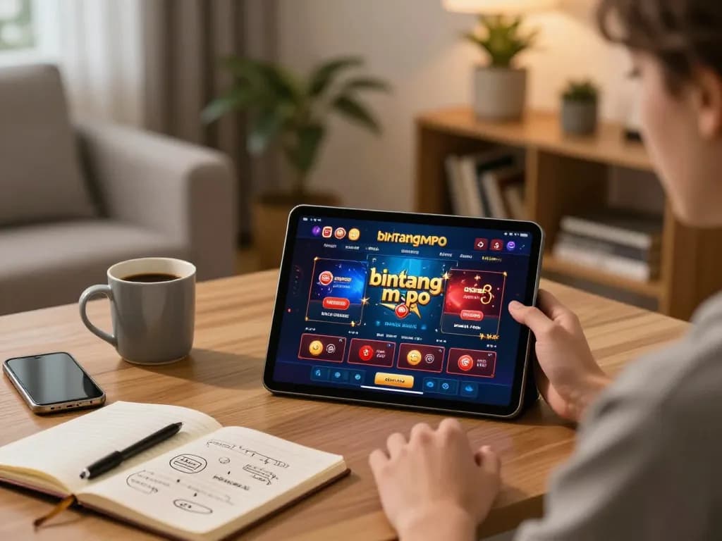 Pengguna Bintangmpo menikmati permainan kasino daring dengan tablet di lingkungan rumah yang nyaman