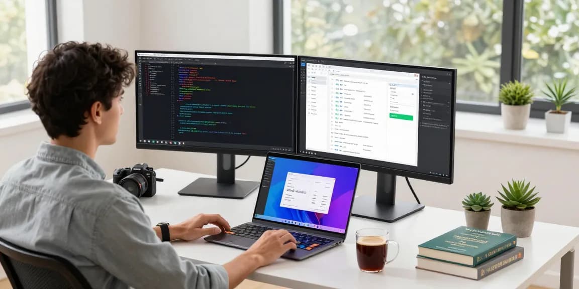Developer focused on React code at a modern workspace, showcasing the best React development course 2025.