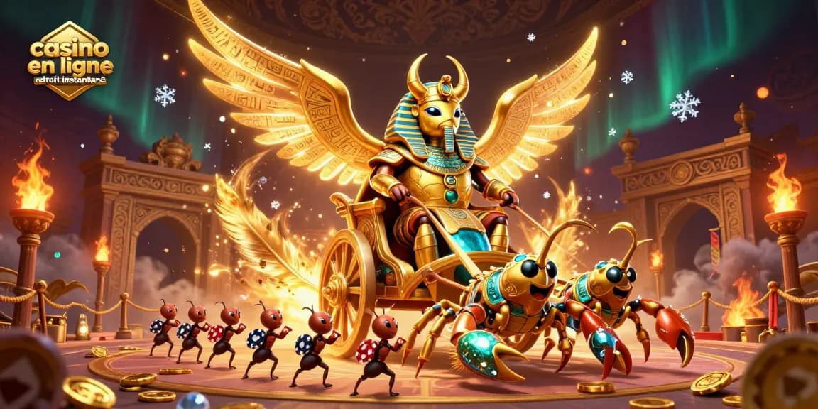 Jouer au casino en ligne avec retrait instantané, incarné par un scarabée doré en armure et des scorpions.