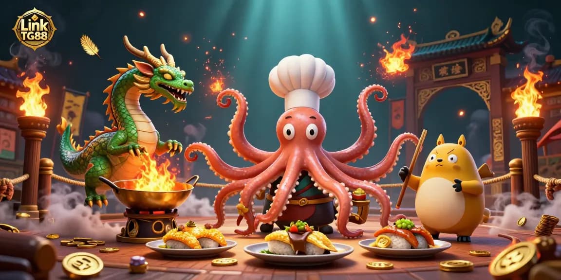 Experience the excitement of Link TG88 as an octopus chef prepares golden dishes with a dragon companion in a dynamic scene.