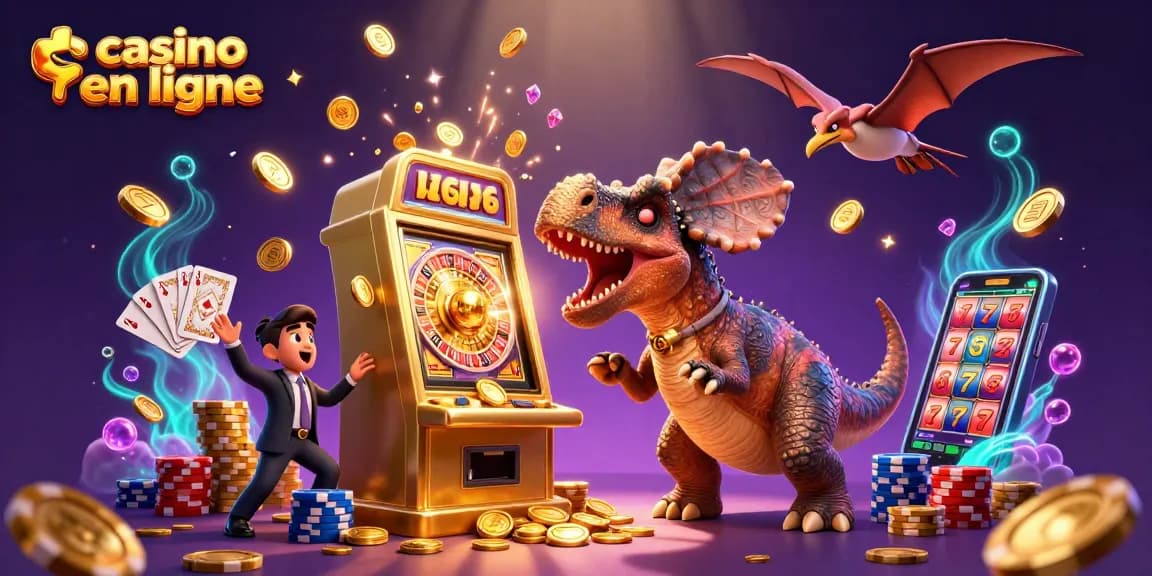Le casino en ligne avec un pachycephalosaurus et un manager ankylosaure célèbrent un jackpot.