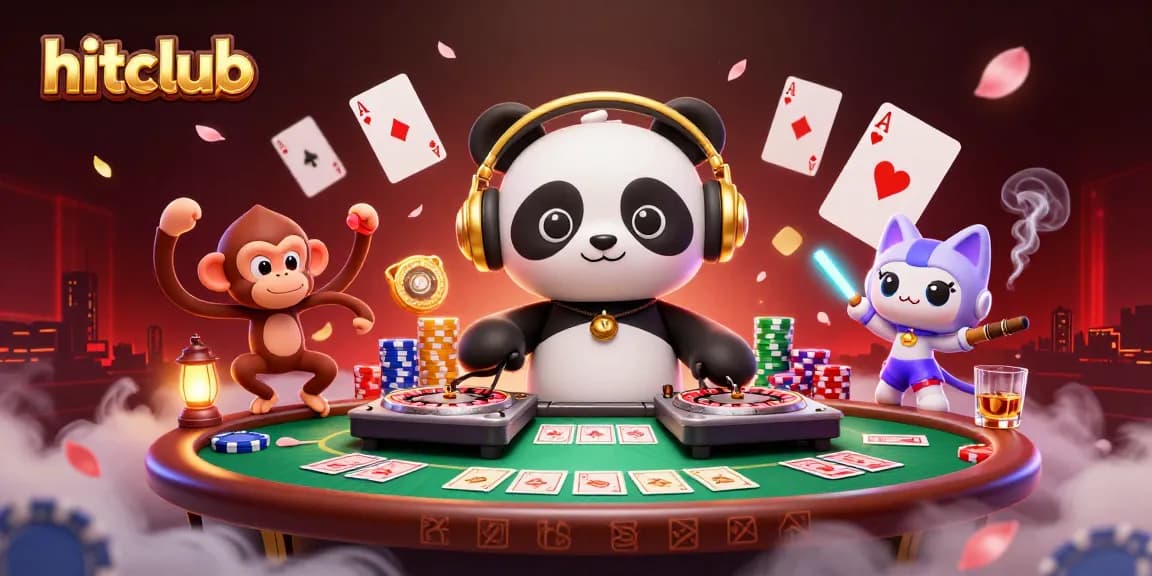 hitclub showcases a vibrant scene with a DJ panda mixing on roulette wheels and colorful poker elements.