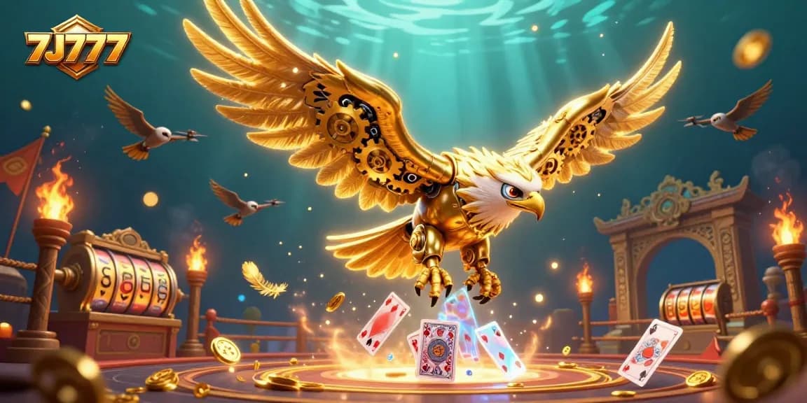 Experience the thrilling gameplay of 7J777 with dynamic visuals of a cybernetic eagle in an online casino.