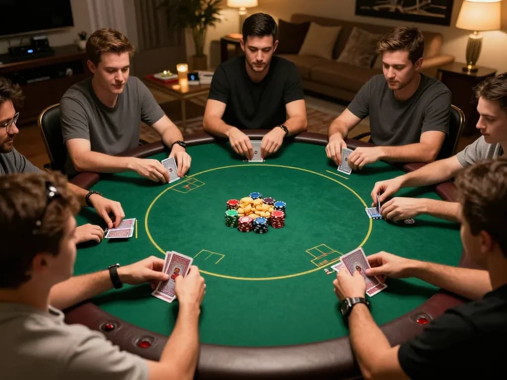Players engaged in an intense gamebaidoithuong8 poker session at home with friends, showcasing competitive atmosphere.