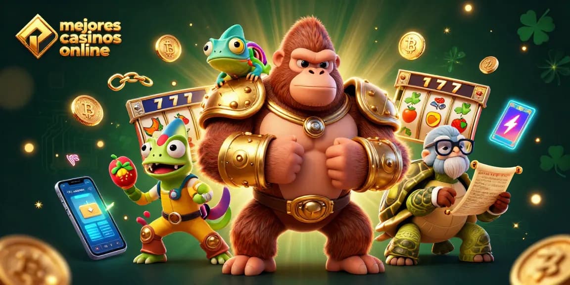 Activa tu suerte en los mejores casinos online con un gorila rey y elementos de tragamonedas.