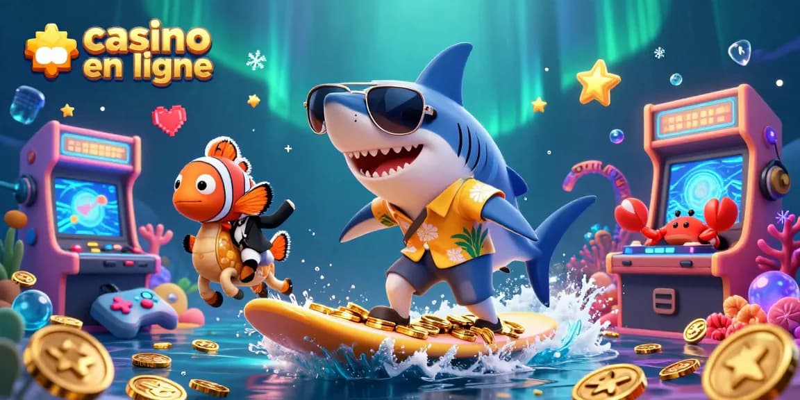 Casino en ligne : illustration dynamique avec un requin marteau et un poisson clown surfant sur des pièces d'or.