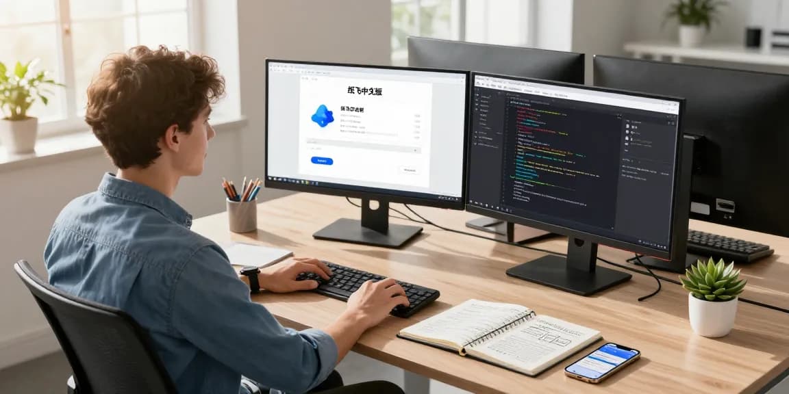 Interface of 纸飞机中文版 application displayed in a modern tech workspace with multiple screens and vibrant atmosphere.
