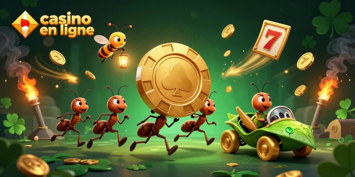 Une équipe de fourmis transporte une puce de poker géante dans un casino en ligne, entourée de machines à sous et de pièces d'or.