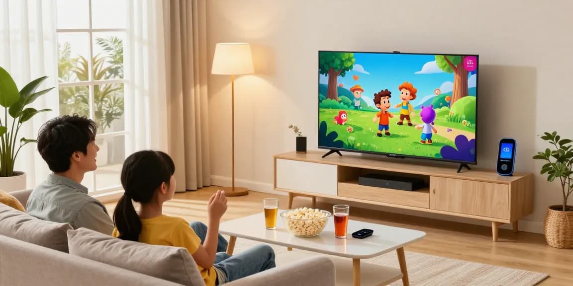 Famille profitant de l'expérience de streaming IRON TV PRO dans un salon moderne