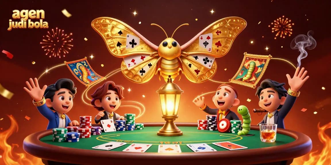 Experience excitement with agen judi bola as a 3D moth and poker elements create a vibrant casino atmosphere.