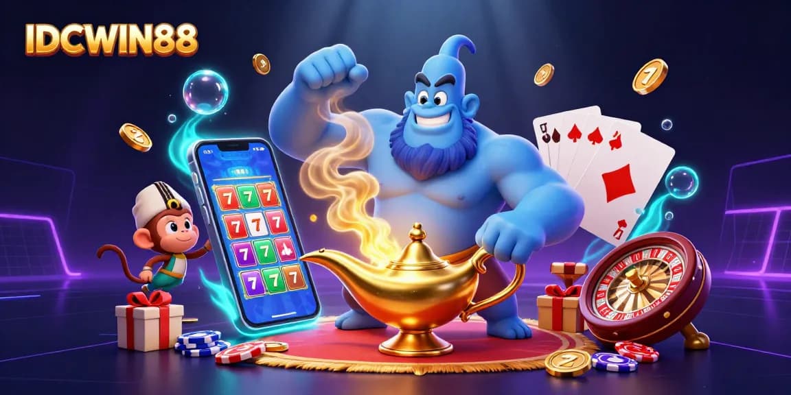 Engage with the vibrant IDCWIN88 casino scene featuring a cartoon genie, monkey, and poker elements.