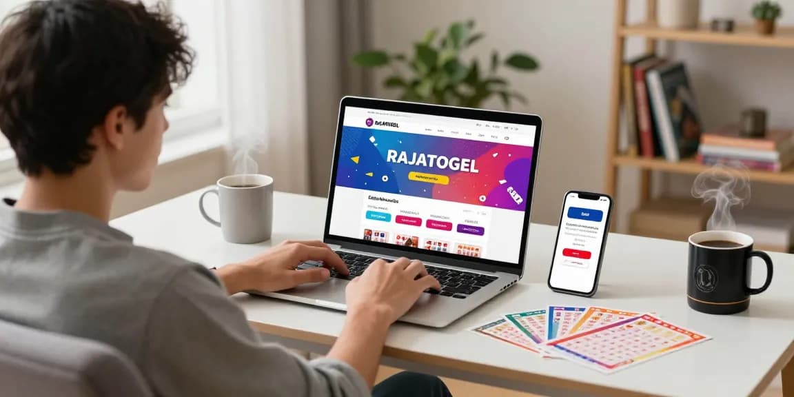 Pengguna RAJATOGEL berfokus di laptop dengan akses mudah dan nyaman untuk lotere online.