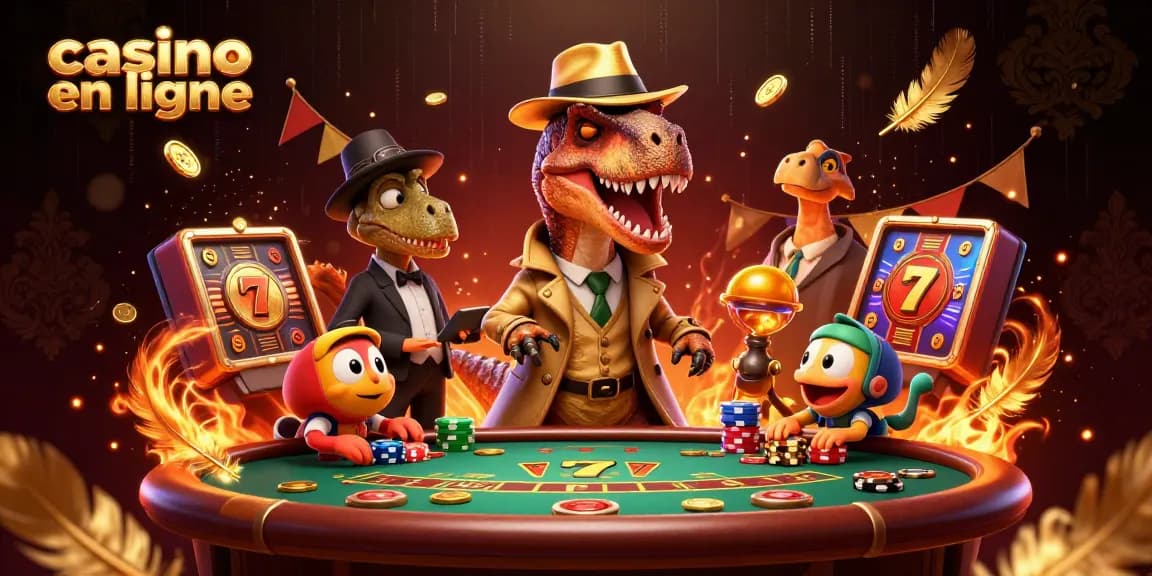 Une illustration de casino en ligne montrant un vélociraptor au blackjack, avec des jetons de jeu.