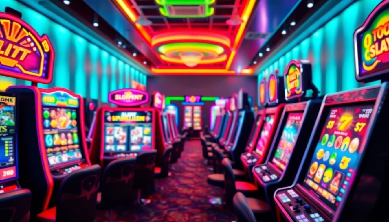 Menangkan permainan Slot77 yang mendebarkan dengan mesin slot berwarna-warni dan suasana kasino energik.