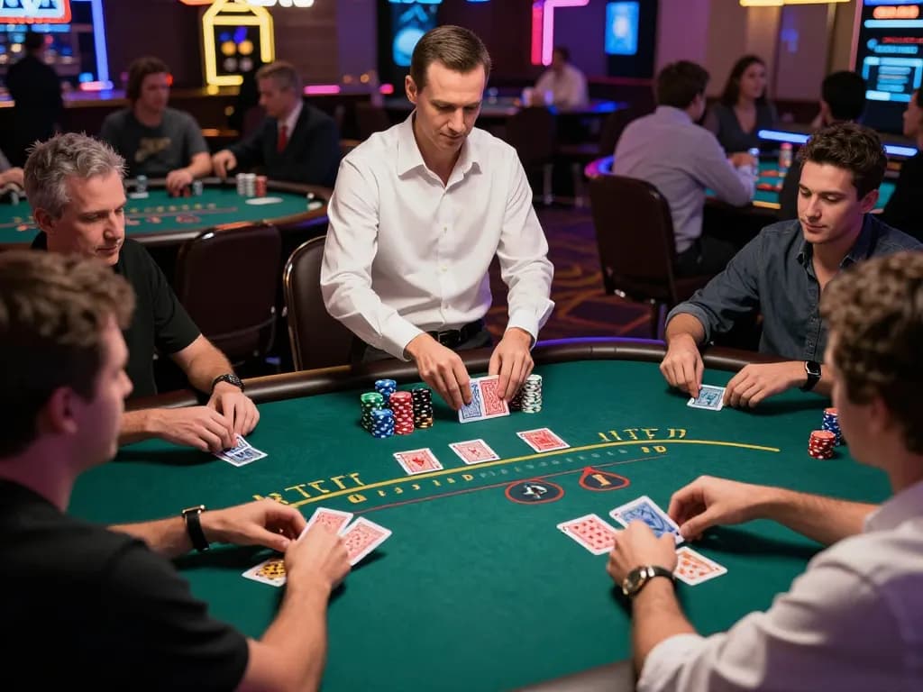 Players engaged in a blackjack game at pintu888top casino under vibrant neon lights