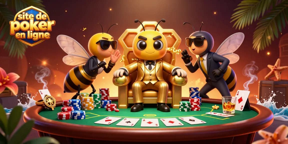 Plongez dans l'univers du site de poker en ligne avec des personnages colorés au cœur d'une scène vivante.