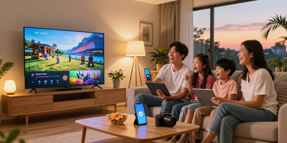 Test IPTV 24h avec une famille en train de profiter de la télévision sur plusieurs appareils dans un salon moderne.