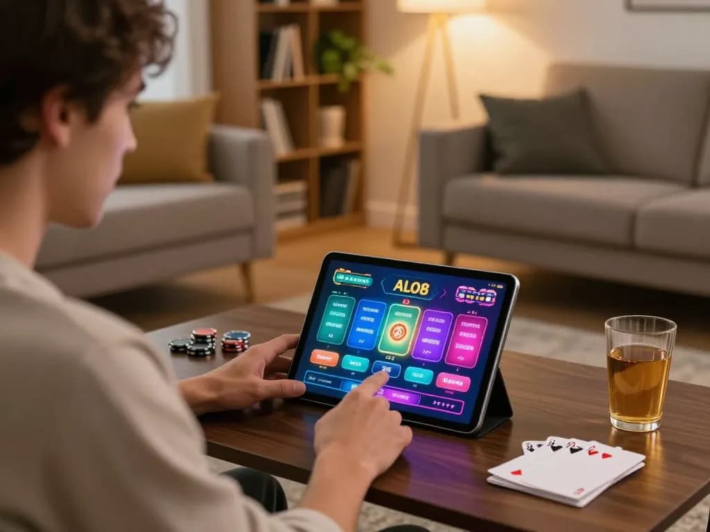 Player using ALO8 tablet for strategic poker gaming at home, showcasing a cozy gaming setup.