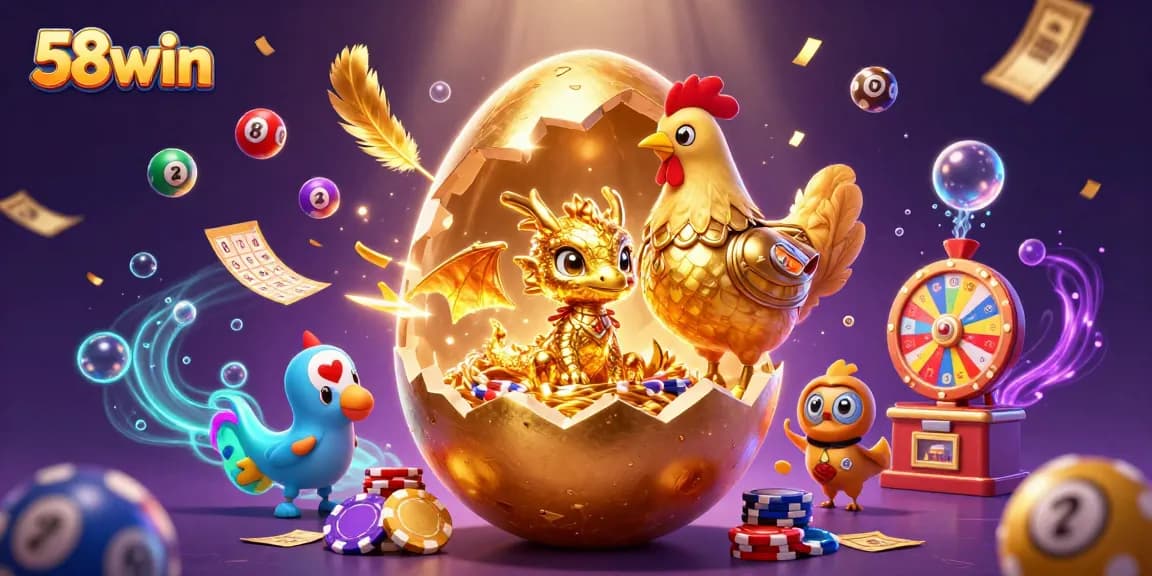 Experience the excitement of 58win with a golden dragon surrounded by vibrant casino elements.
